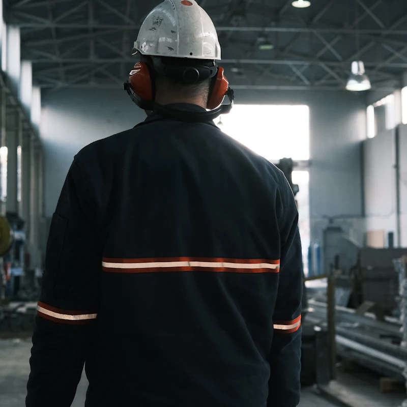 Operador con casco y protección auditiva dentro de una planta industrial